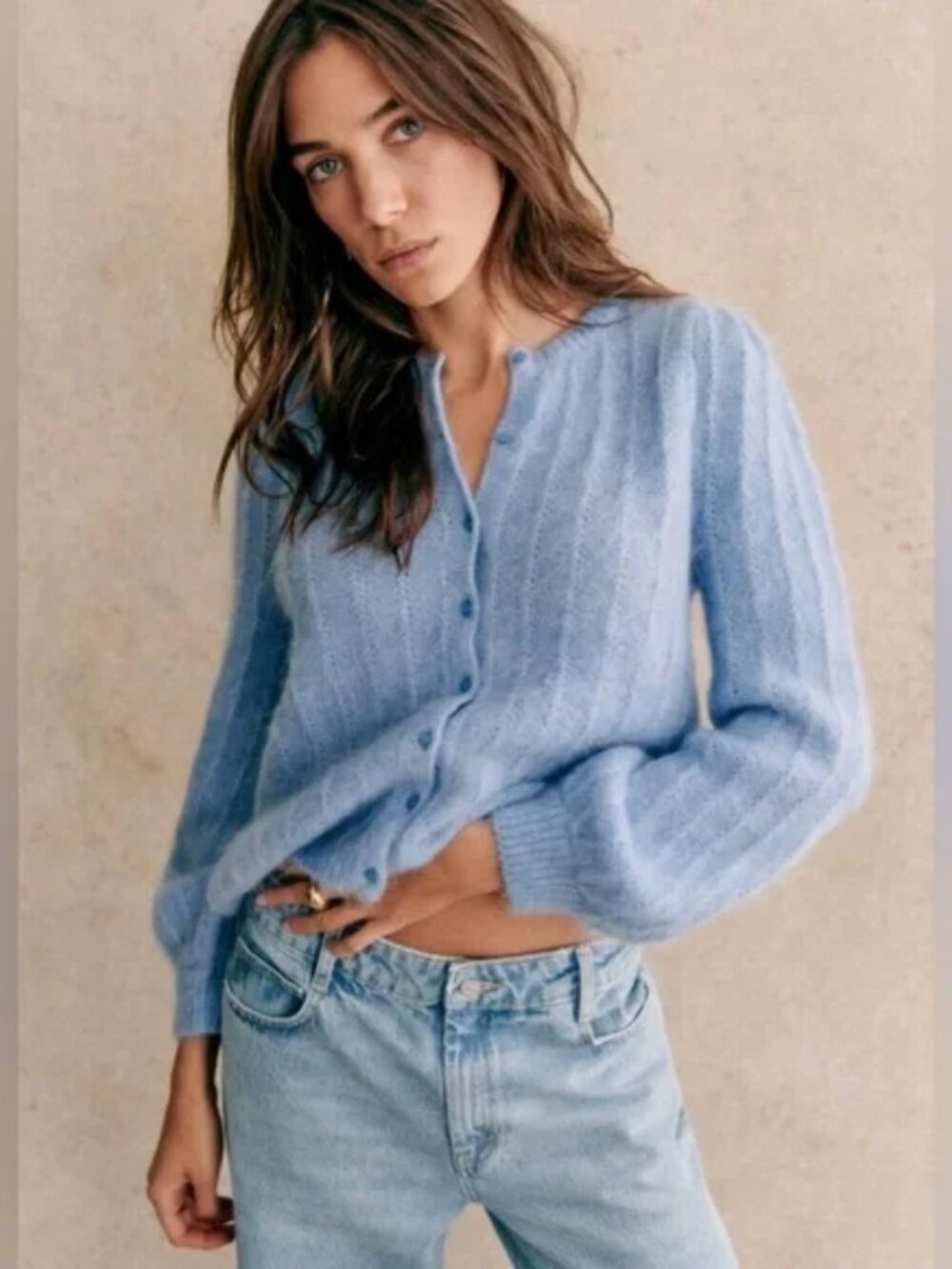 SEZANE Light Sky Blue Mohair Alpaca Wool Cardigan Sweater
